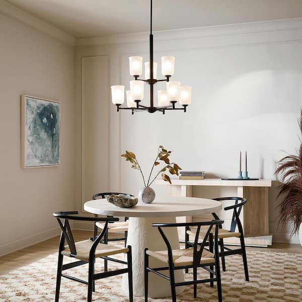 KICHLER Shailene 26.25 in. 9-Light Black 2-Tier Transitional Shaded Cylinder Chandelier for Dining Room