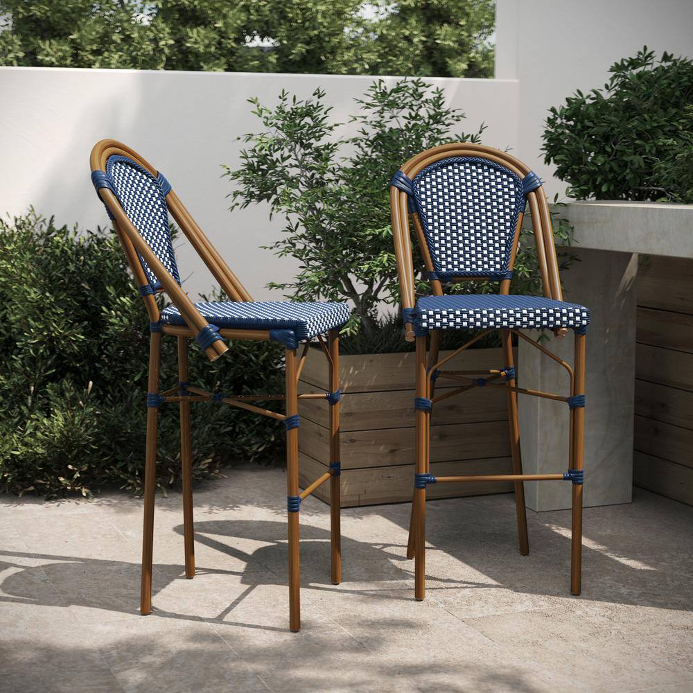 Navy and White Woven Metal Frame Bar Stools, Set of 2