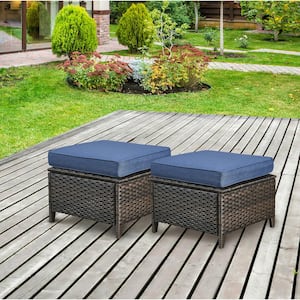 ArcoBay Metal and Brown Wicker Outdoor Ottoman with Olefin Navy Blue Family Cushion (2-Pack)