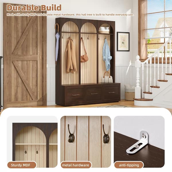 Polibi Dark Walnut MDF Wood Hall Tree with 8-Retro Hooks, 3