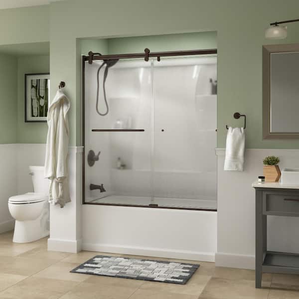 Delta Simplicity 60 x 58-3/4 in. Frameless Contemporary Sliding Bathtub Door in Bronze with Droplet Glass