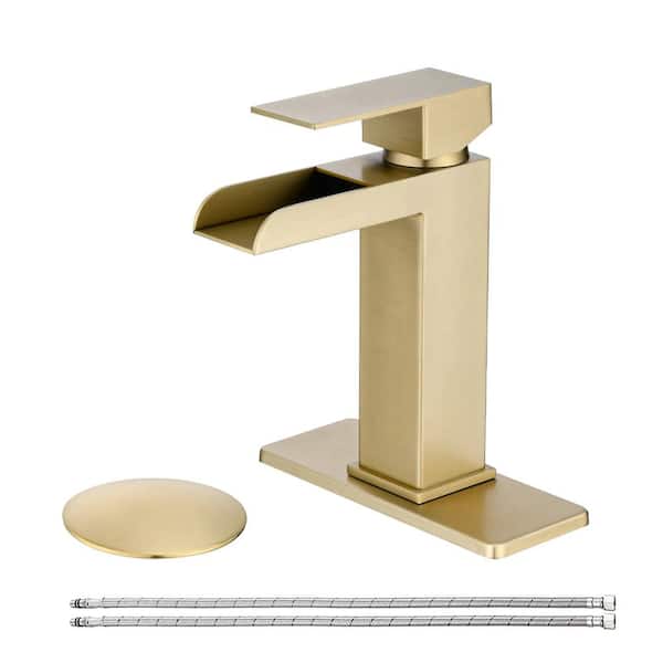 Waterfall Bathroom Faucet Single Handle Bathroom Sink Faucets 1 or 3 Hole Solid with Deck Plate Overflow, Brushed Gold