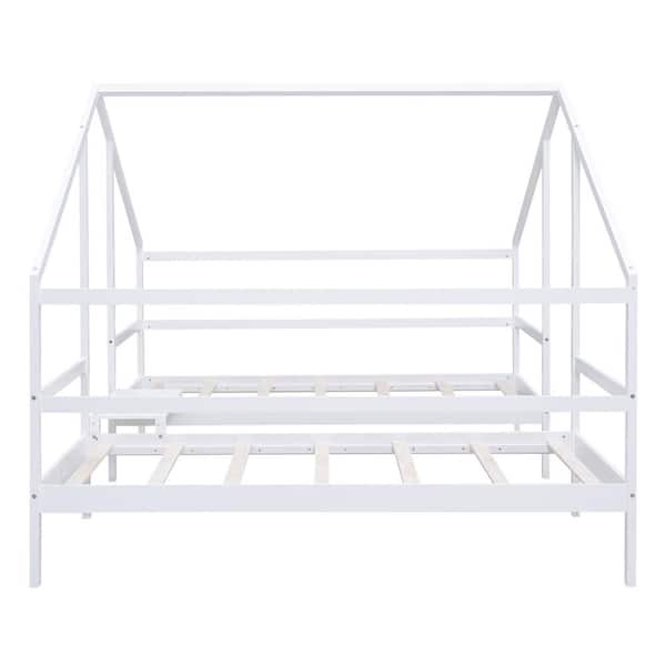 Harper & Bright Designs Double Twin Size House Beds Triangular Canopy Bed  With Built-In Table For Kids Teens Adults - White