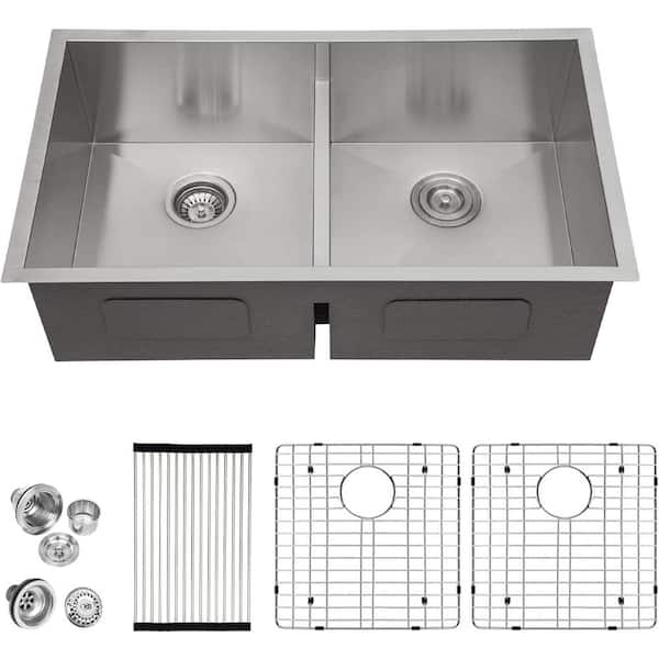 30 in. Undermount Low Divide Sink Double Bowl 50/50 16-Gauge Brushed Stainless Steel Kitchen Sink