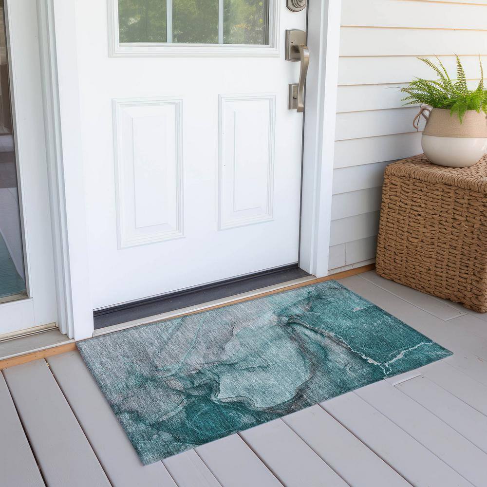 Teal Synthetic Machine Washable Rectangular Rug 1'8" x 2'6"