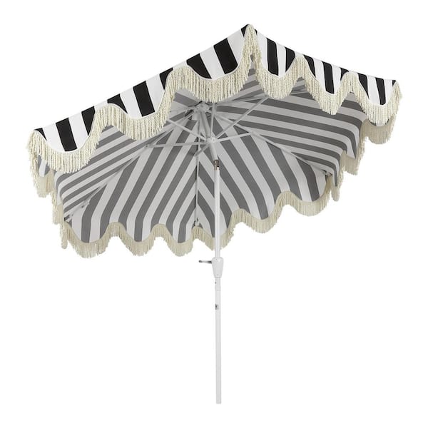 cream and black scalloped patio umbrella SAFAVIEH Outdoor - Vienna 9-Foot Crank - Beige & White Canopy - Brown Aluminum Pole - Single Scallop Trim Design this umbrella adds designer style to the patio Collins 9 ft. Classic Cottage