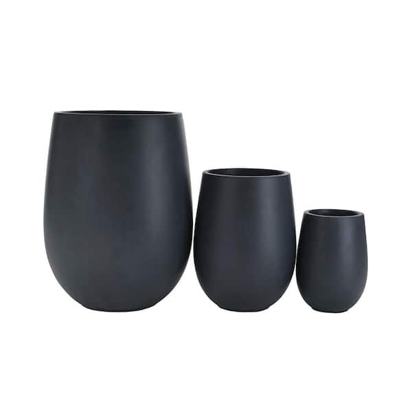 Foxhill 15.6 in. Dia Black MGO Round Lightweight Concrete Outdoor Planter Flower Pots with Drainage Holes, Set of 3