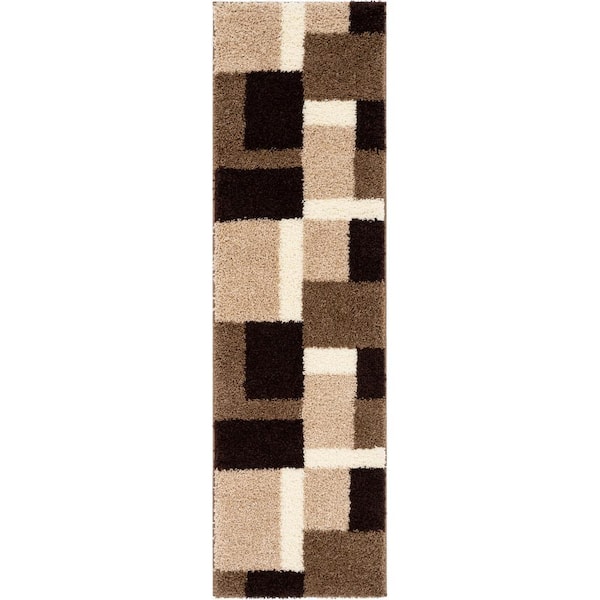 Madison Shag Cubes Beige Brown 2 ft. 3 in. x 7 ft. 3 in. Modern Geo Color Blocks Runner Rug