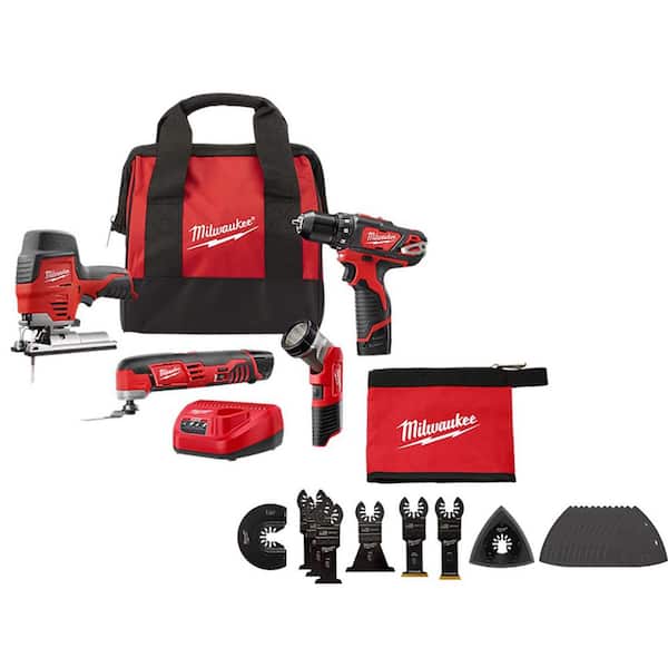 M12 12V Lithium-Ion Cordless Combo Tool Kit (4-Tool) with Multi-Tool Blade Kit (20-Piece) with Tool Pouch