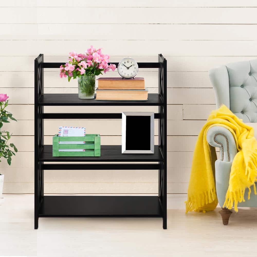 Modern Black Solid Wood 3-Shelf Stackable Bookcase with Doors
