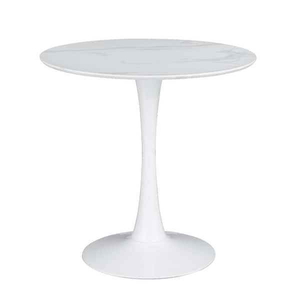 Benjara Loxi White Faux Marble 30 in. Pedestal Round Dining Table with Tulip Accent Body (Seat of 2)