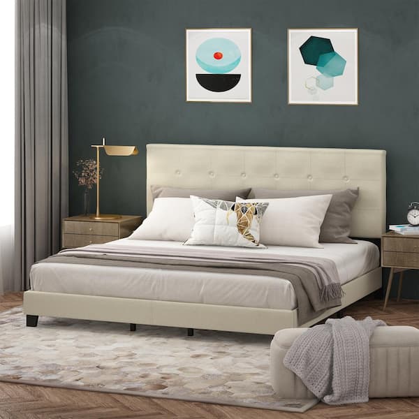 Furinno Laval Linen King Button Tufted Bed Frame FB17020K-LN - The