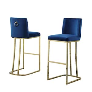 Erin 29 in. H Navy Blue Velvet Low Back Bar Stool Chair with Gold Chrome Base and Back Ring (Set of 2)