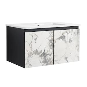 30 in. x 18.5 in. x 17.5 in. Floating Wall-Mounted Bathroom Vanity Storage Cabinet in White with White Ceramic Top