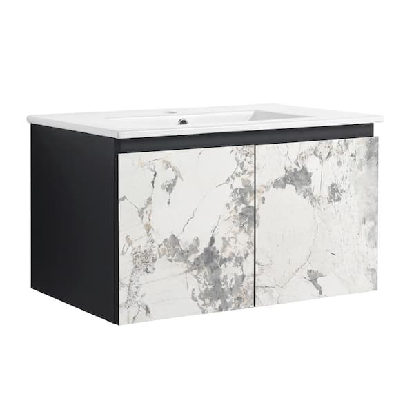 Magic Home 30 in. x 18.5 in. x 17.5 in. Floating Wall-Mounted Bathroom Vanity Storage Cabinet in White with White Ceramic Top