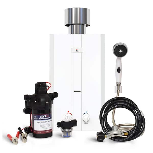 Eccotemp L10 3.0 GPM Portable Outdoor Tankless Water Heater w/ EccoFlo Diaphragm 12V Pump, Strainer & Shower Set