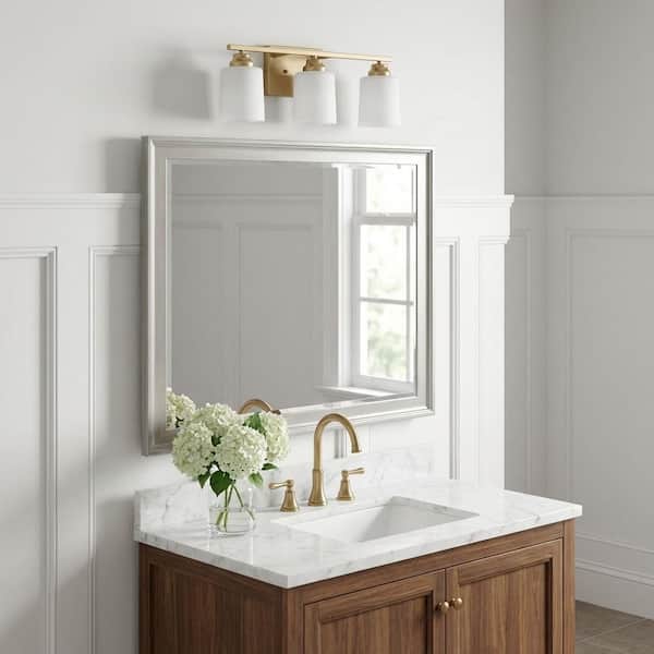 Vinton 20.75 in. W 3-Light Satin Brass Traditional Bathroom Vanity Light with Etched Glass Shades and Bulbs Included