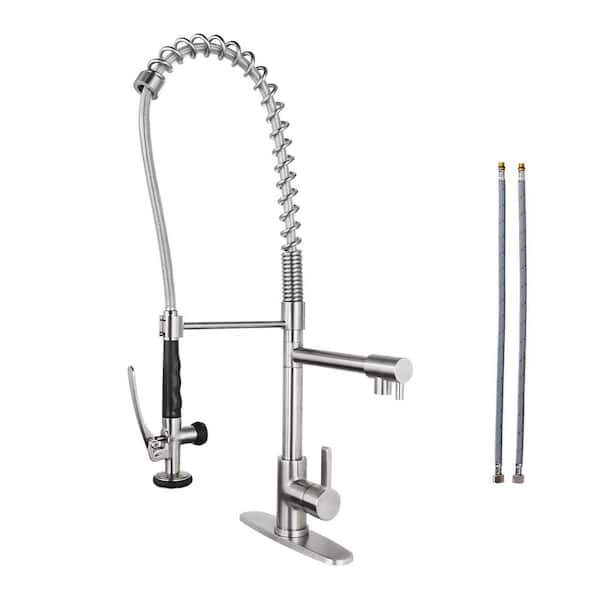 Single Handle Pull Out Sprayer Kitchen Faucet Deckplate Included in Brushed Nickel