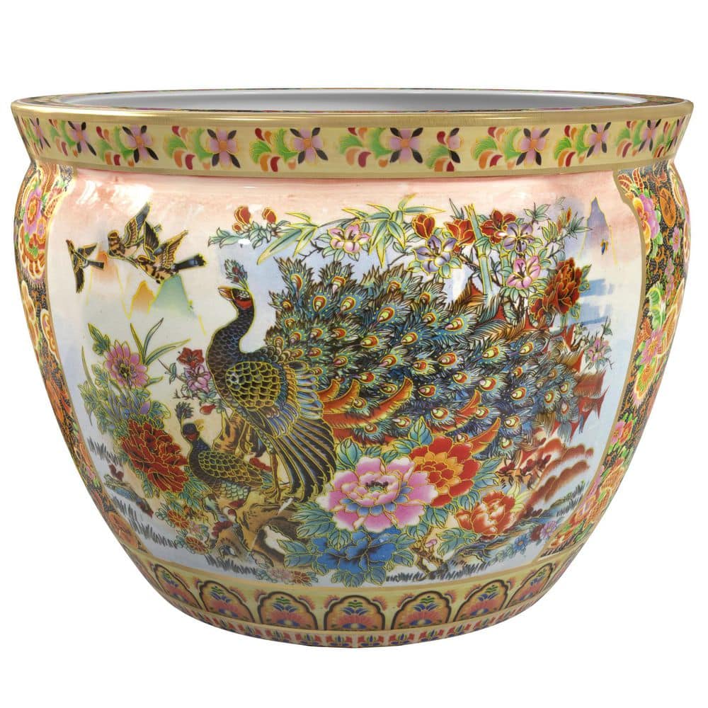 Oriental Furniture 16 in. Satsuma Garden & Peacock Porcelain Fishbowl