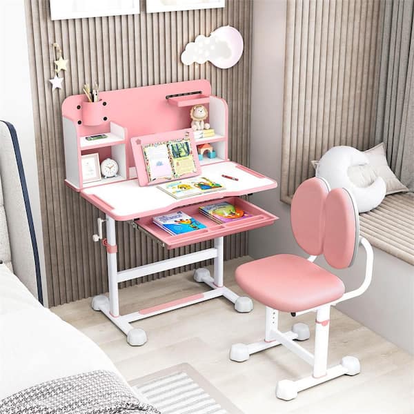 2-Piece Rectangle Wood Top Pink Kid's Study Desk and Chair Set with Tilt Desktop (31.5 in. L x 21.5 in. W x 36 in. H)