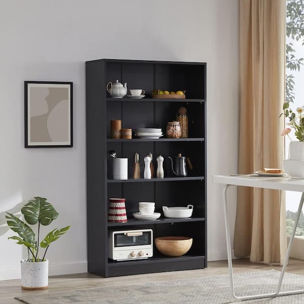 Lirago 60 in. Tall Black Wood 5-Shelf Bookcase FXHD0202-54BS - The