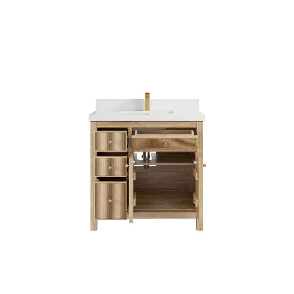 36" Light Natural Teak and White Quartz Bathroom Vanity