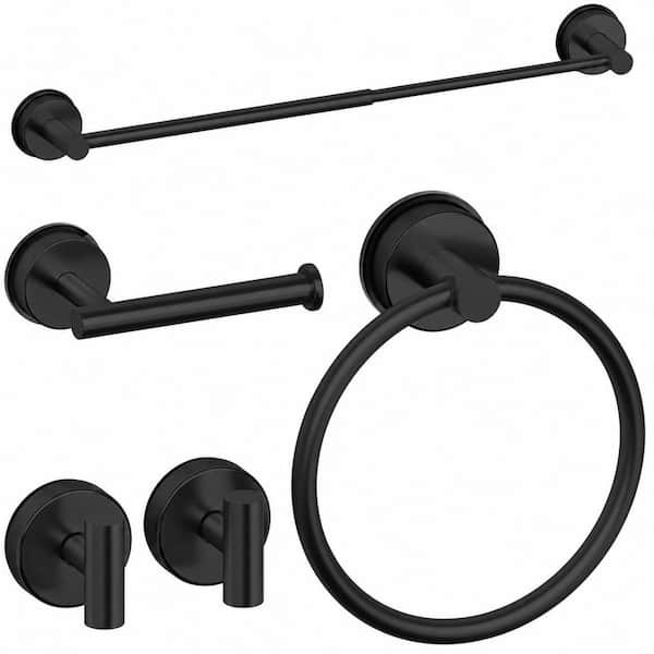 Matte Black 5-Piece Bathroom Hardware Set with 24 in Towel Bar, Towel Ring, TP Holder and Hooks Quality
