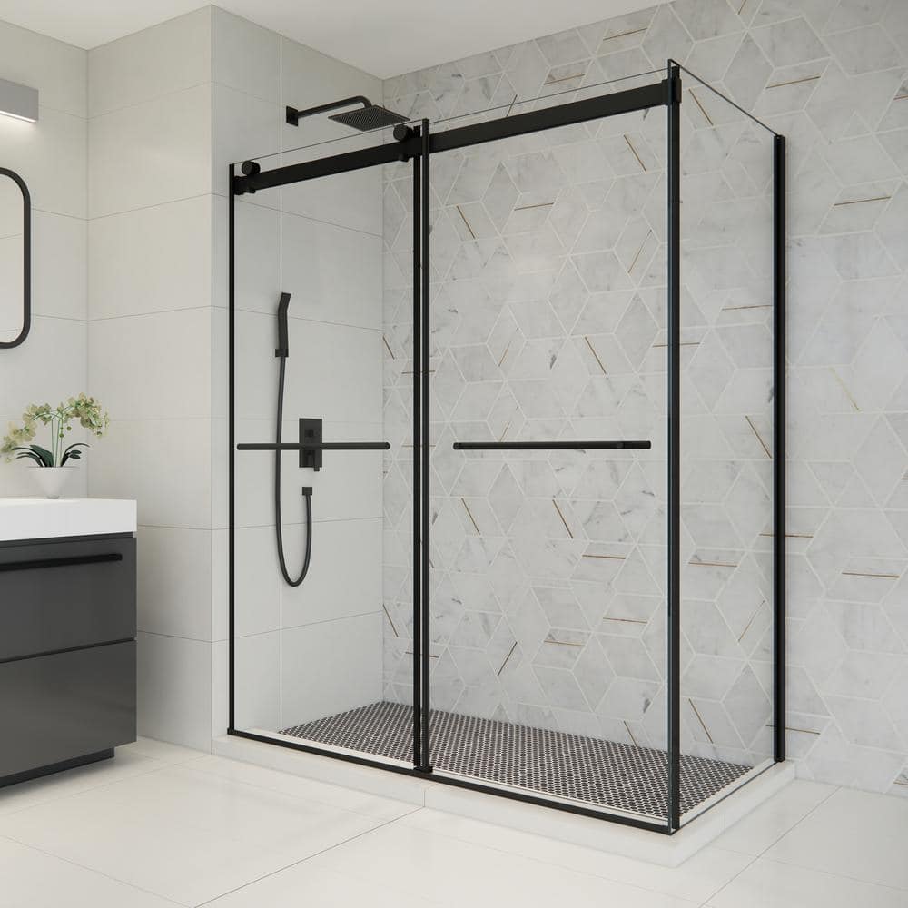 Belizzi 60" Matte Black Frameless Sliding Shower Enclosure