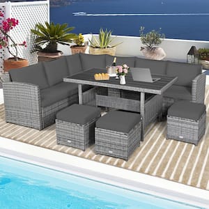 7-Piece Wicker Rattan Patio Conversation Set with Dining Table, Cozy Gray Cushion with Removable Cover