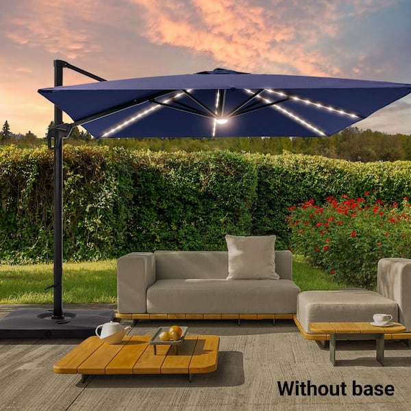 Sonkuki 10 ft. Aluminum Pole Cantilever Solar LED Patio Umbrella 360° Rotation and Infinite Canopy Angle Adjustment in Navy Blue