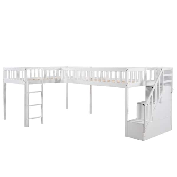 ATHMILE L-Shaped Twin Size Loft Bed with Staircase and Ladder, White