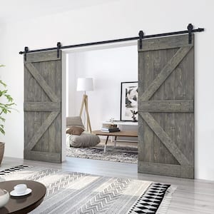 84 in. x 84 in. K Series Weather Gray Stained Solid Knotty Pine Wood Interior Double Sliding Barn Door with Hardware Kit