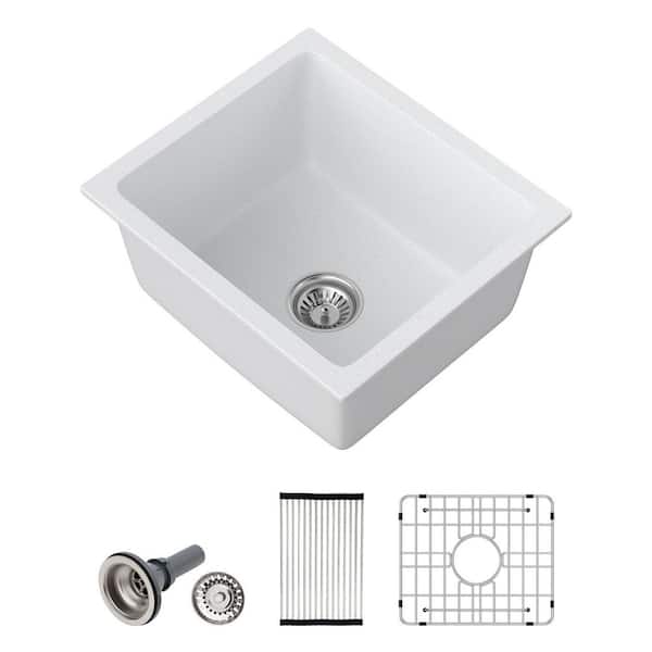 18 in. White Undermount Small Bar Sink Set, Single Bowl, Granite Composite, Wet Bar Sink For Kitchen With Accessories