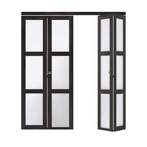 72 in. x 80.5 in. 3-Lite Tempered Frosted Glass Solid Core Dark Brown Finished Bi-Fold Door with Hardware