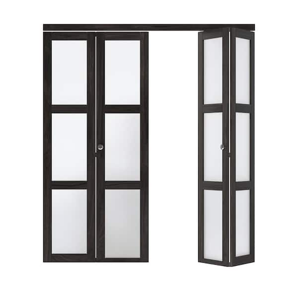 ARK DESIGN 72 in. x 80.5 in. 3-Lite Tempered Frosted Glass Solid Core Dark Brown Finished Bi-Fold Door with Hardware