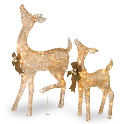38 in. and 28 in. Fawn and Doe Decoration with Clear Lights