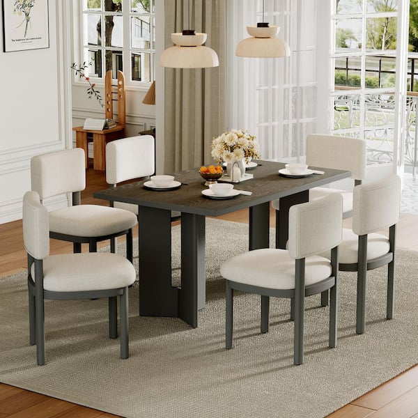 7-Piece Farmhouse Rectangular Gray Wood Top Dining Table Set Seats 6 with 6-Upholstered Chairs