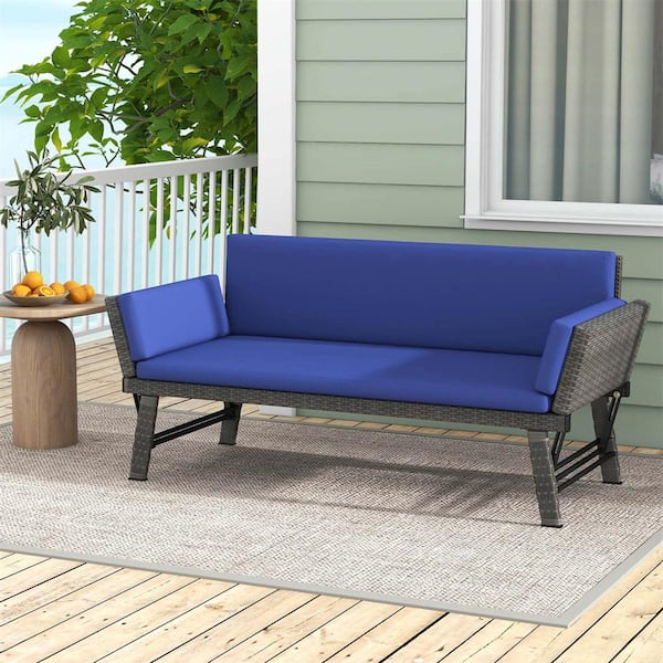 Wicker Outdoor Day Bed Convertible Sofa with Adjustable Armrests Removable Navy Cushions