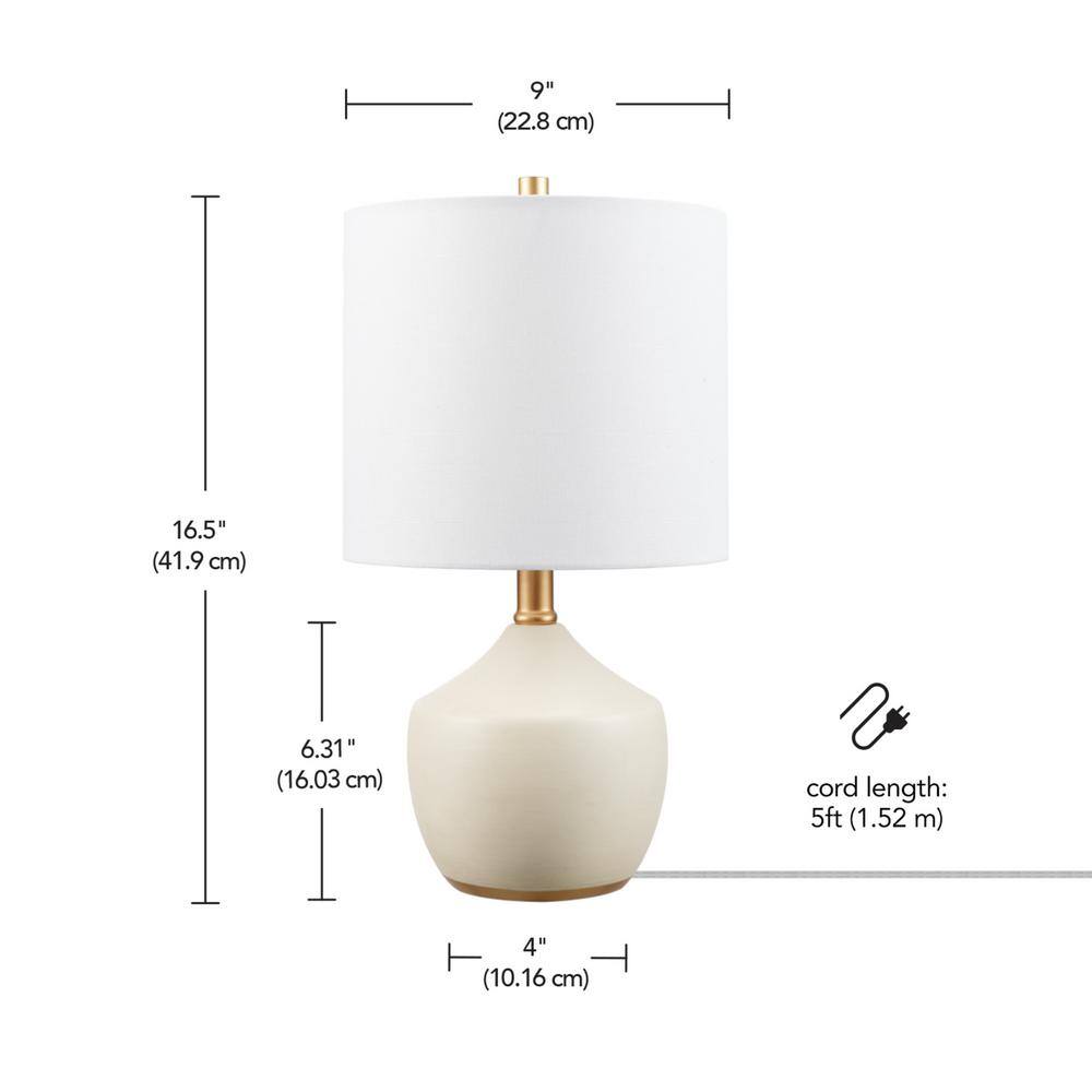 Cream Ceramic Table Lamp with White Linen Shade and Brass Accents