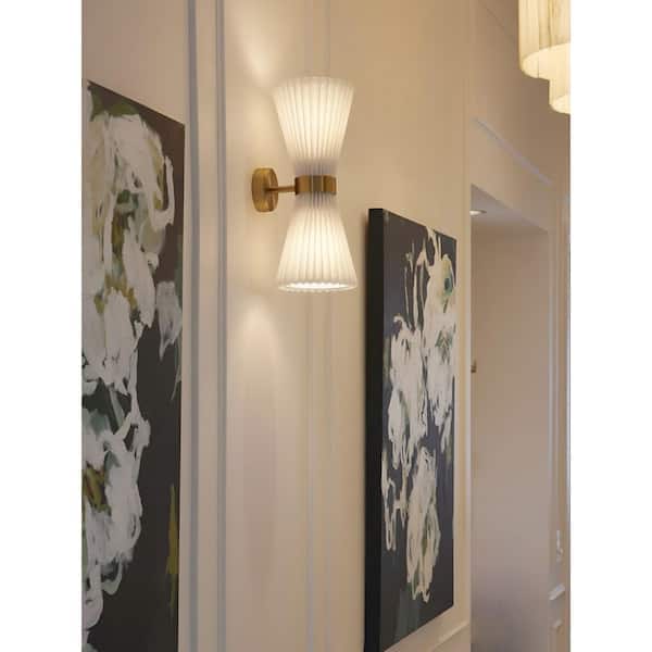Amore 6 in. 2 Lights Pleated Wall Sconce in Brass with White Linen Shade