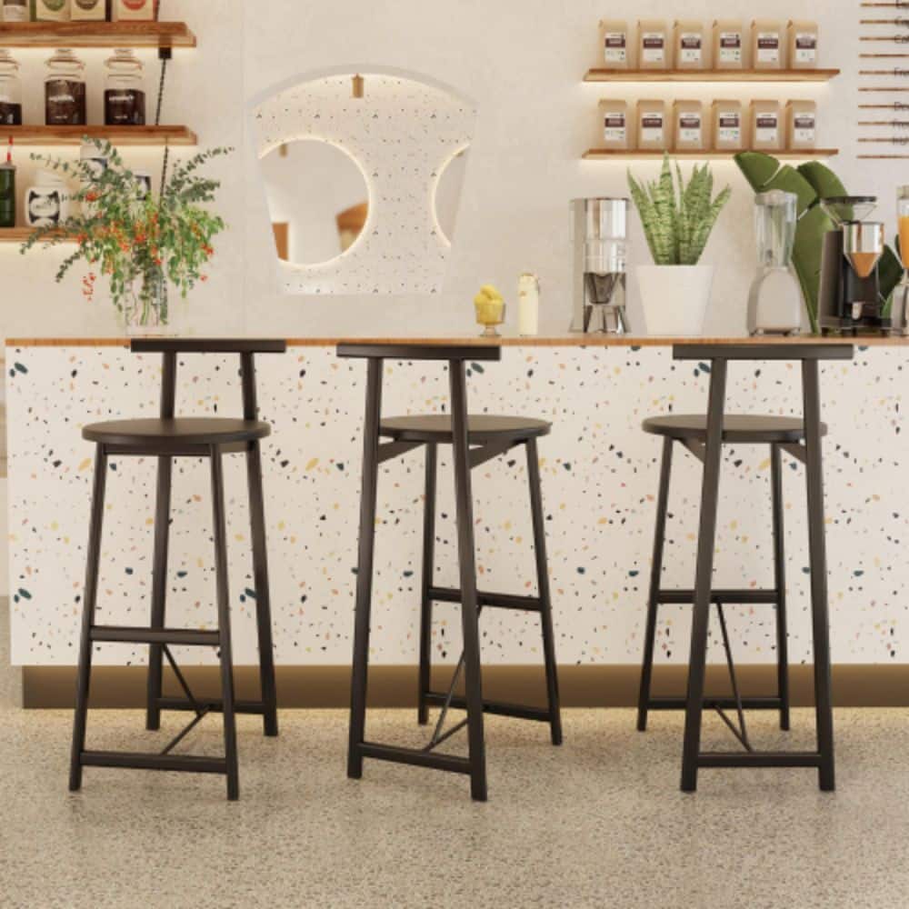 27''H Barstool Set of 3 Wooden Round Bar Stools with Footrest Modern Kitchen Chairs, Indoor/Outdoor (Black & Black) price history on PriceWatchPro