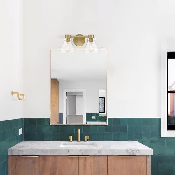 Willow Creek 16.5 in. 2-Light Brushed Gold Contemporary Vanity Light with Clear Blown Glass Shades