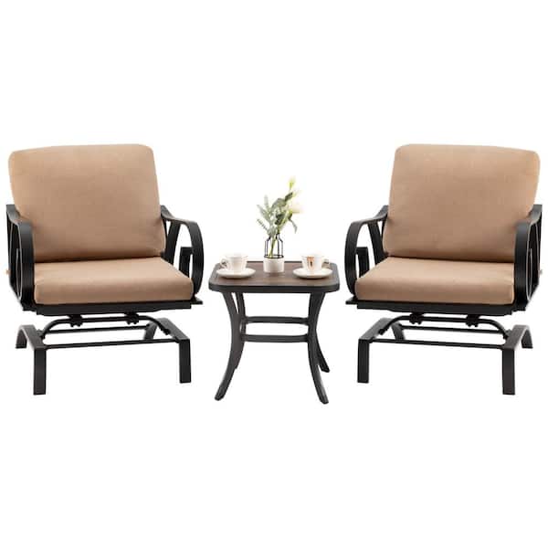 TIRAMISUBEST Rocking 3-Piece Metal Patio Conversation Set with Brown Cushions