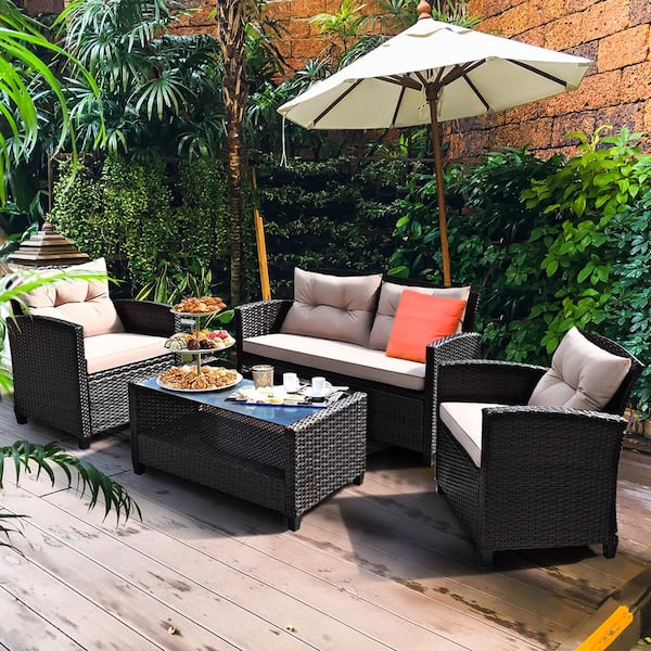 4-Piece Wicker Patio Conversation Set with Beige Cushions