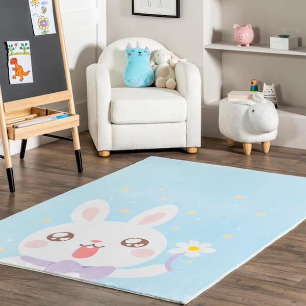 Aloisia Bunny Machine Washable Area Rug Blue 4' ft. x 6' ft. Area Rug