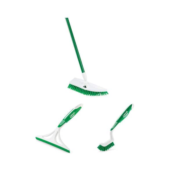 No Knees Floor Scrub Brush with Steel Handle, 8 in. Window Squeegee and Tile & Grout Brush Combo