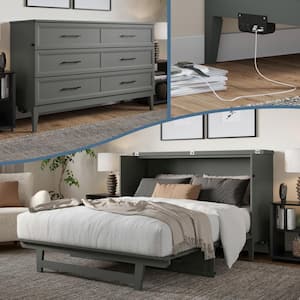 Santa Fe Grey Solid Wood Frame Queen Murphy Bed Chest with Mattress and Built-in Charger