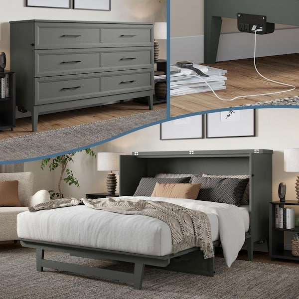 AFI Santa Fe Grey Solid Wood Frame Queen Murphy Bed Chest with Mattress and Built-in Charger