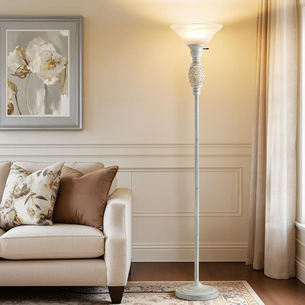 "70"" Silver Gray Torchiere Floor Lamp with NightLight, Bedroom, Office with Rotary Switch Etched Glass Shade, Home Decor." price history on PriceWatchPro