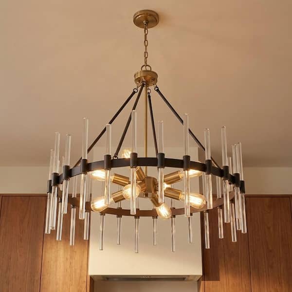 Santiago 60-Watt 8-Light Matte Black with Warm Brass Accents Pendant Light with Crystals and No Bulbs Included